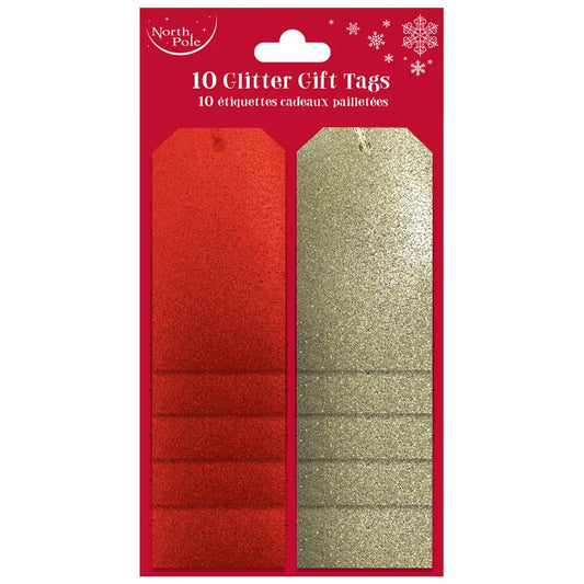 Pack of 10 Red & Gold Glitrer Christmas Gift Tags