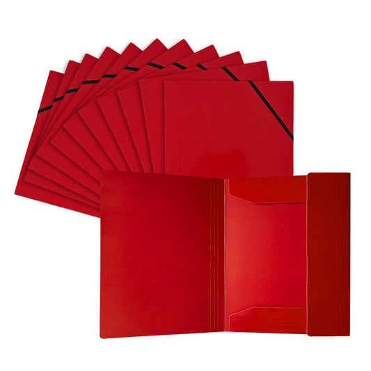 Pack of 12 Janrax A4 Red Laminated Card 3 Flap Folders with Elastic Closure