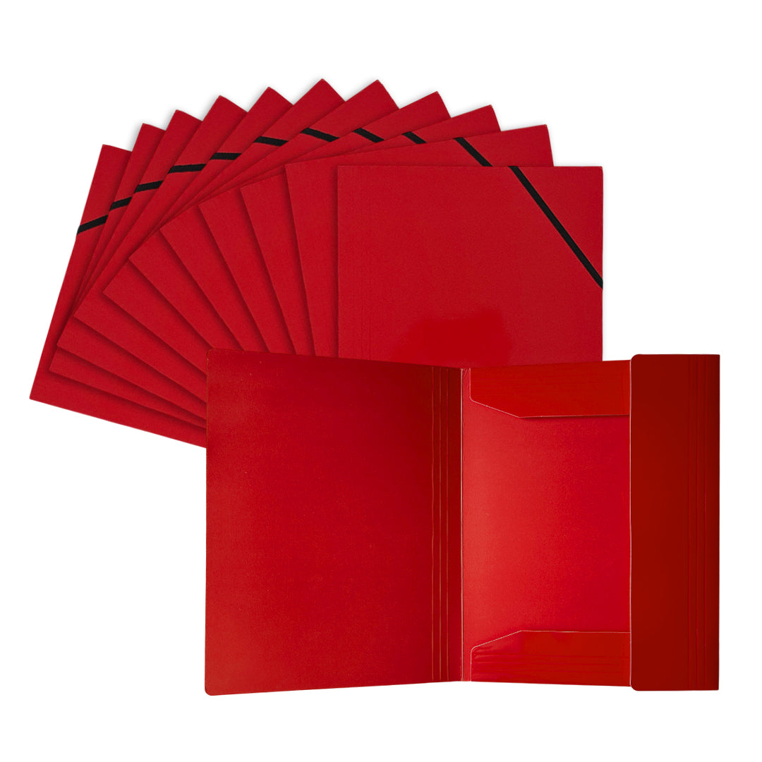 Pack of 12 Janrax A4 Red Laminated Card 3 Flap Folders with Elastic Closure