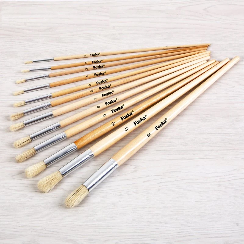 Pack of 12 Assorted Size Wooden Round Handle Bristle Hair Artist Paint Brush Set