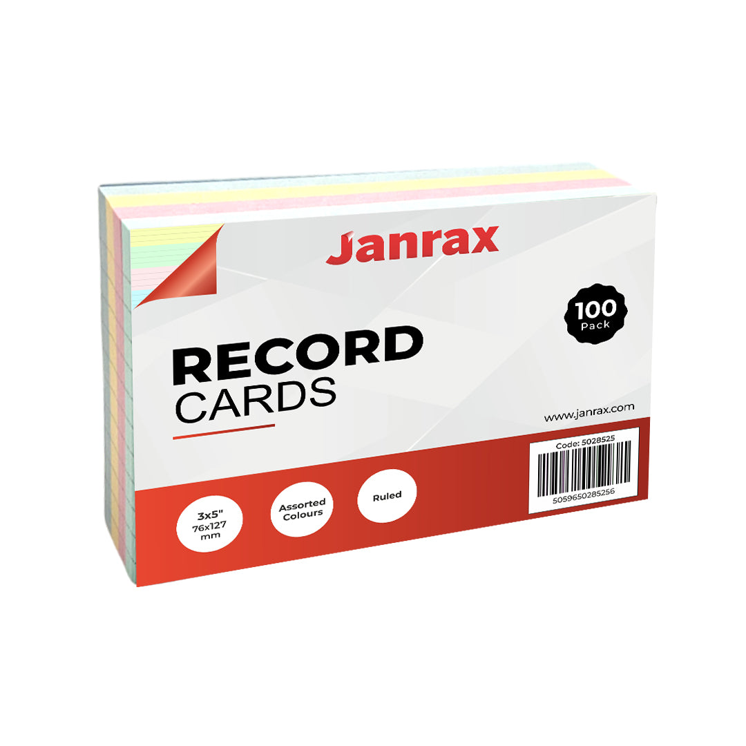 Pack of 100 Assorted Colour Ruled 5x3" Record Cards – Lined Study Index Cards for Notes, Revision