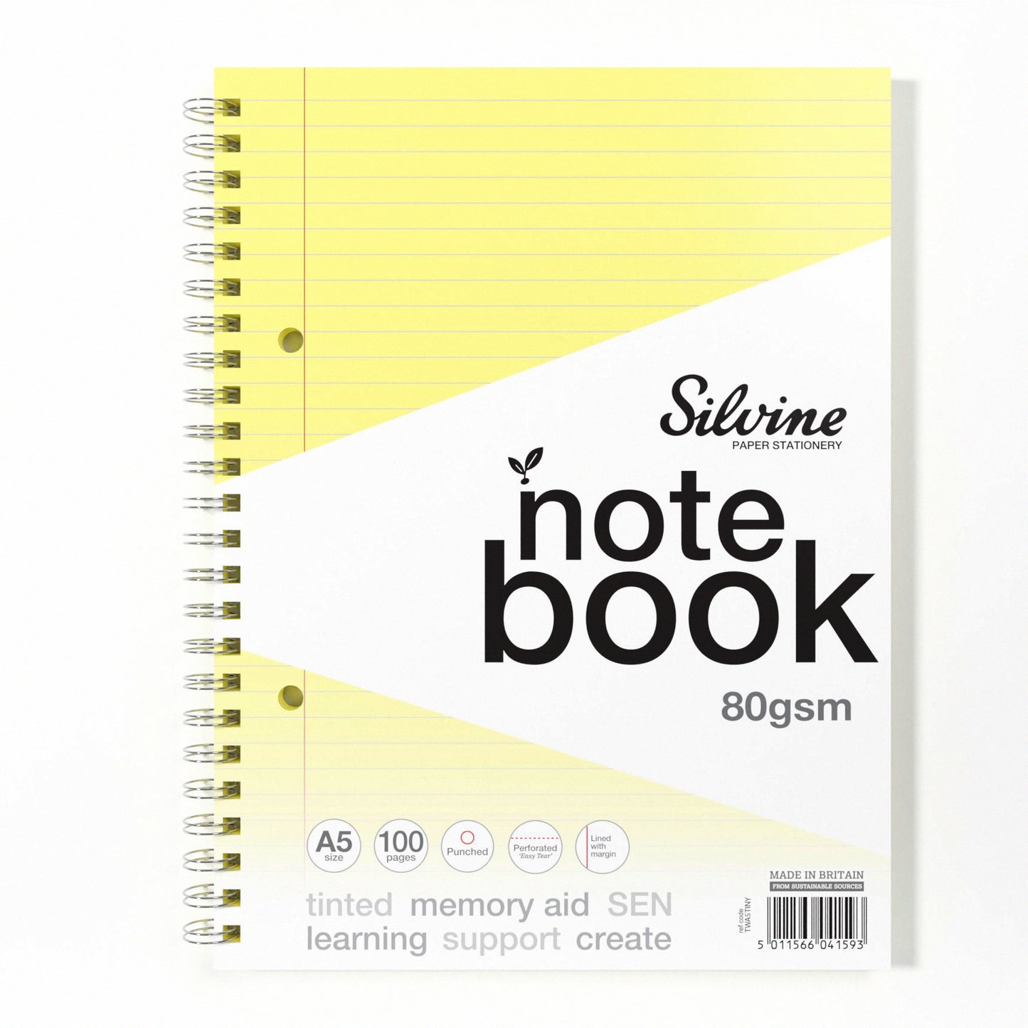 A5+ 100 Pages Twin Wire SEN Yellow Paper Dyslexia Notebook - Lined with Margin