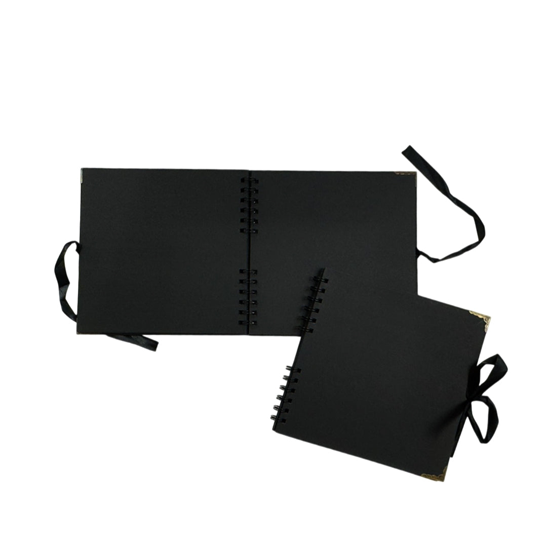 Pack of 12 Spiral Bound 180gsm Black Scrapbooks with Ribbon Closure and Metal Corners - 30 Sheets 20x20cm