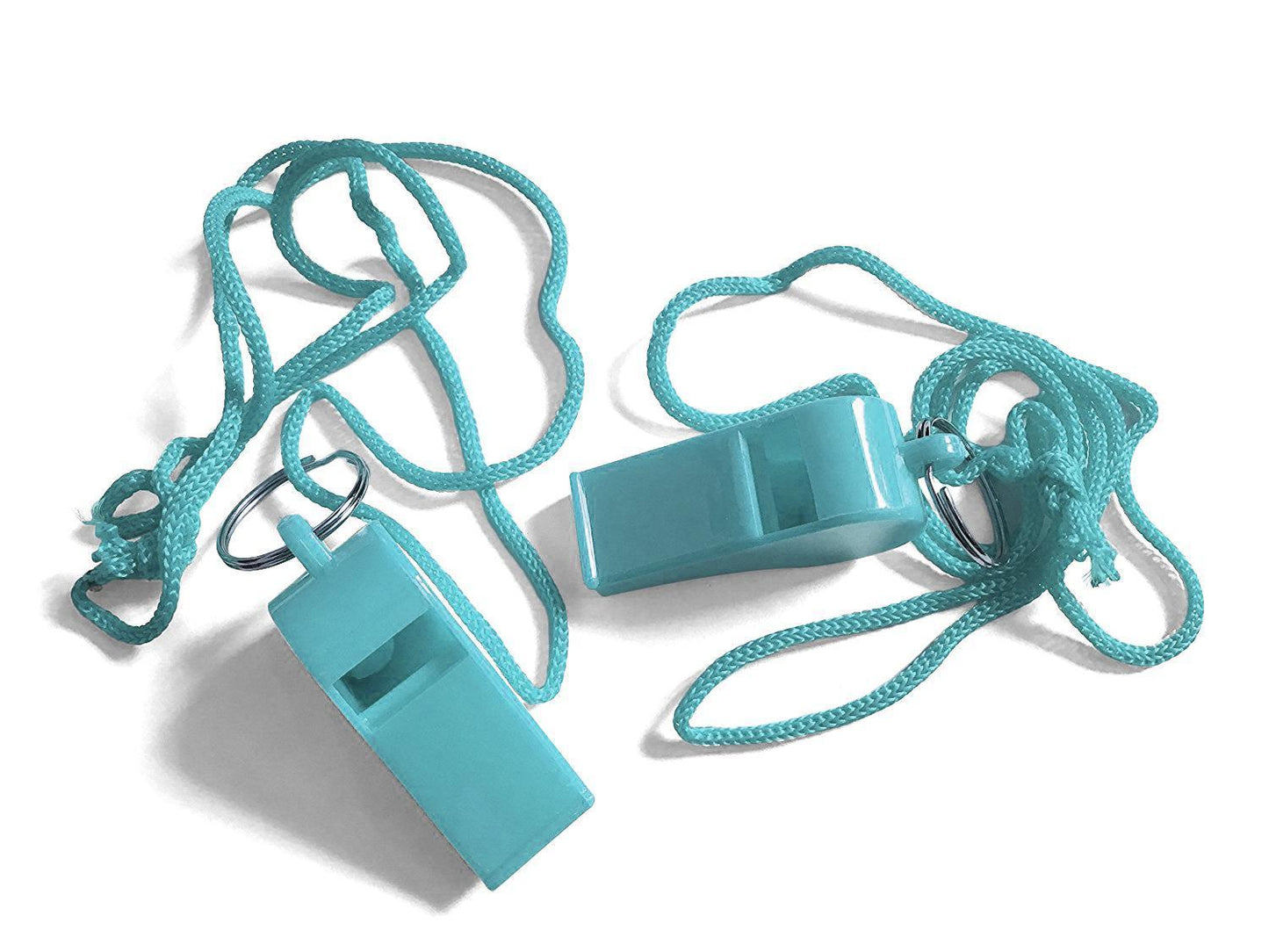 Bag of 10 Light Blue Plastic Whistles with Lanyard Neck Cord