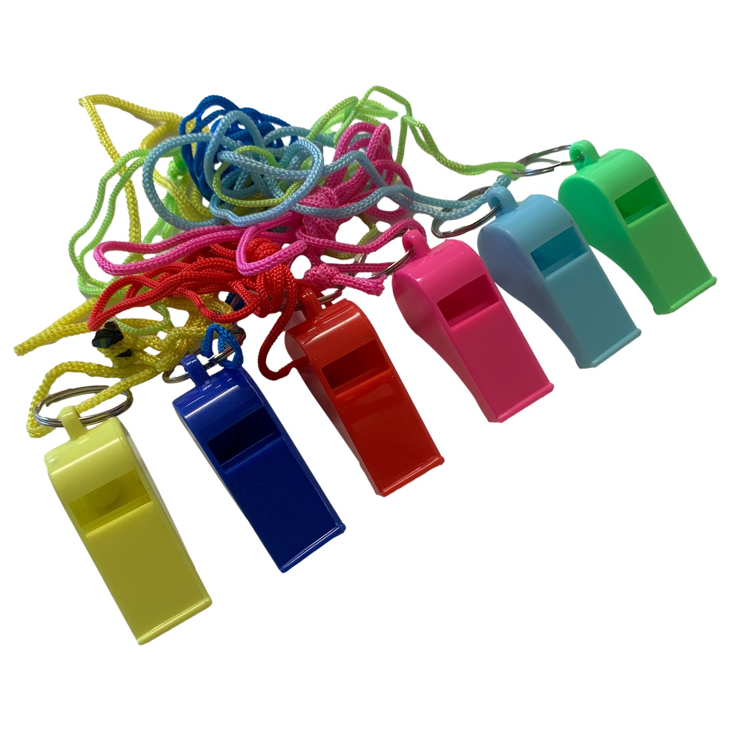 Bag of 100 Light Blue Plastic Whistles with Lanyard Neck Cord