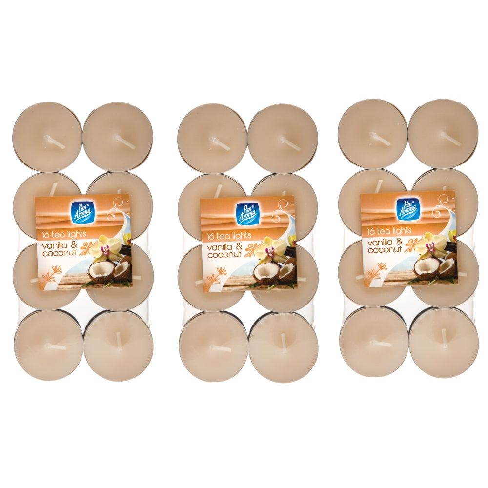 Pack of 48 Pan Aroma Colour Tea Lights Candles Vanilla & Coconut