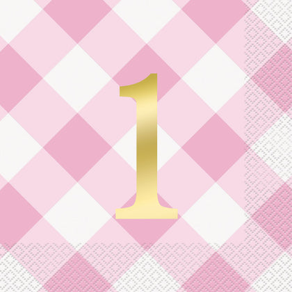 Pack of 16 Pink Gingham 1st Birthday Luncheon Napkins