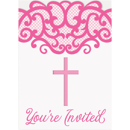 Pack of 8 Fancy Pink Cross Invitations