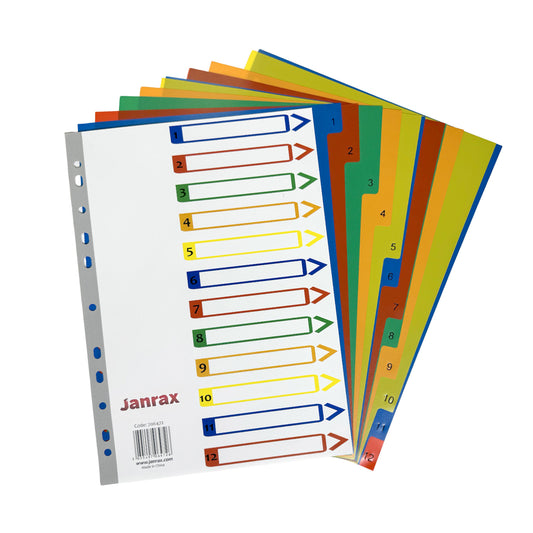 A4 12 Part Polypropylene Dividers with Reinforced Index Cover