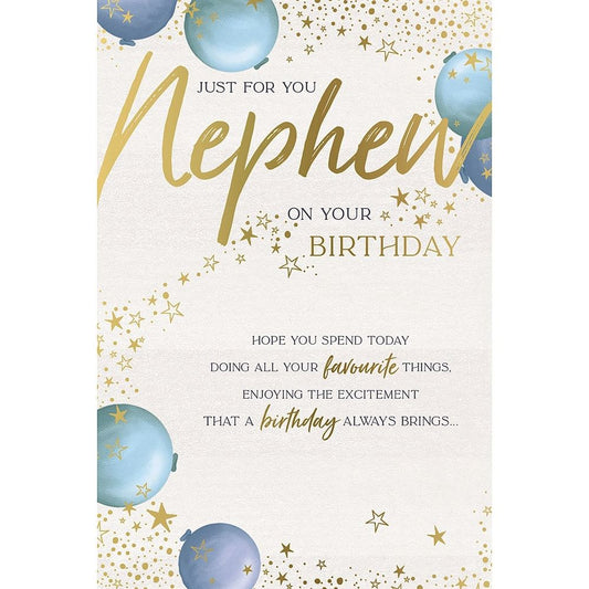 Elegant Blue Balloons and Gold Stars Design Nephew Birthday Card