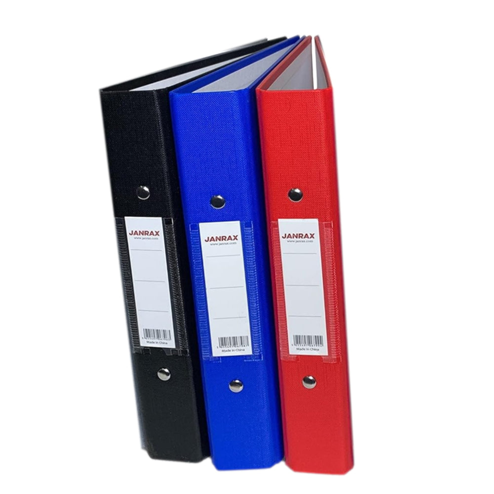 Pack of 3 Janrax A5 Paper Over Board Ring Binders – 2 O-Ring Mechanism, 35mm Spine, Spine Label – Black, Blue, Red