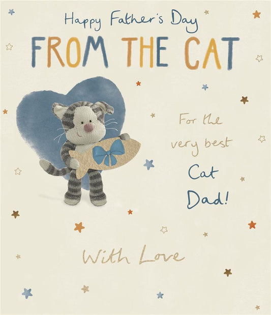 Boofle Cat Stood Holding a Fish Present From The Cat Dad Father's Day Card