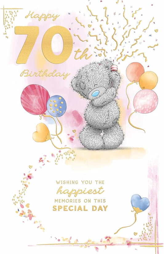 Bear With Party Popper Embellished 70th Birthday Card
