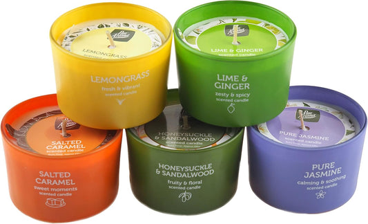 Pack of 5 Pan Aroma Glass Jar Scented Candles - Lemongrass, Lime Ginger, Jasmine, Sandalwood, Salted Caramel