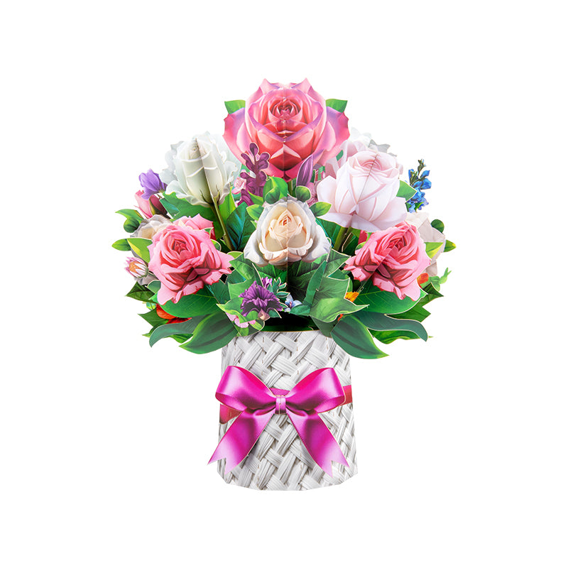 Pink And White Rose Bouquet in Basket Design 3D Pop Up Card