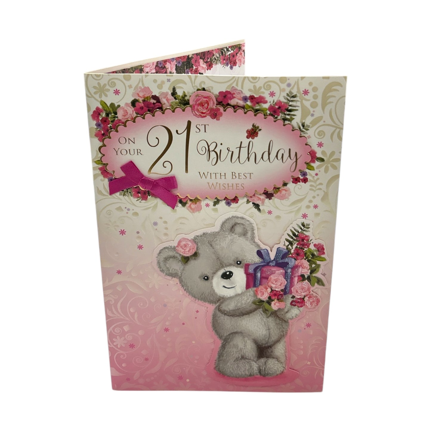 Teddy Holding A Bouquet of Pink Roses 21st Birthday Card