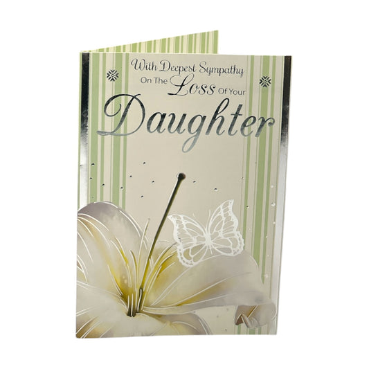 Loss Of Daughter Traditional White Flower and Butterfly Design Sympathy Card