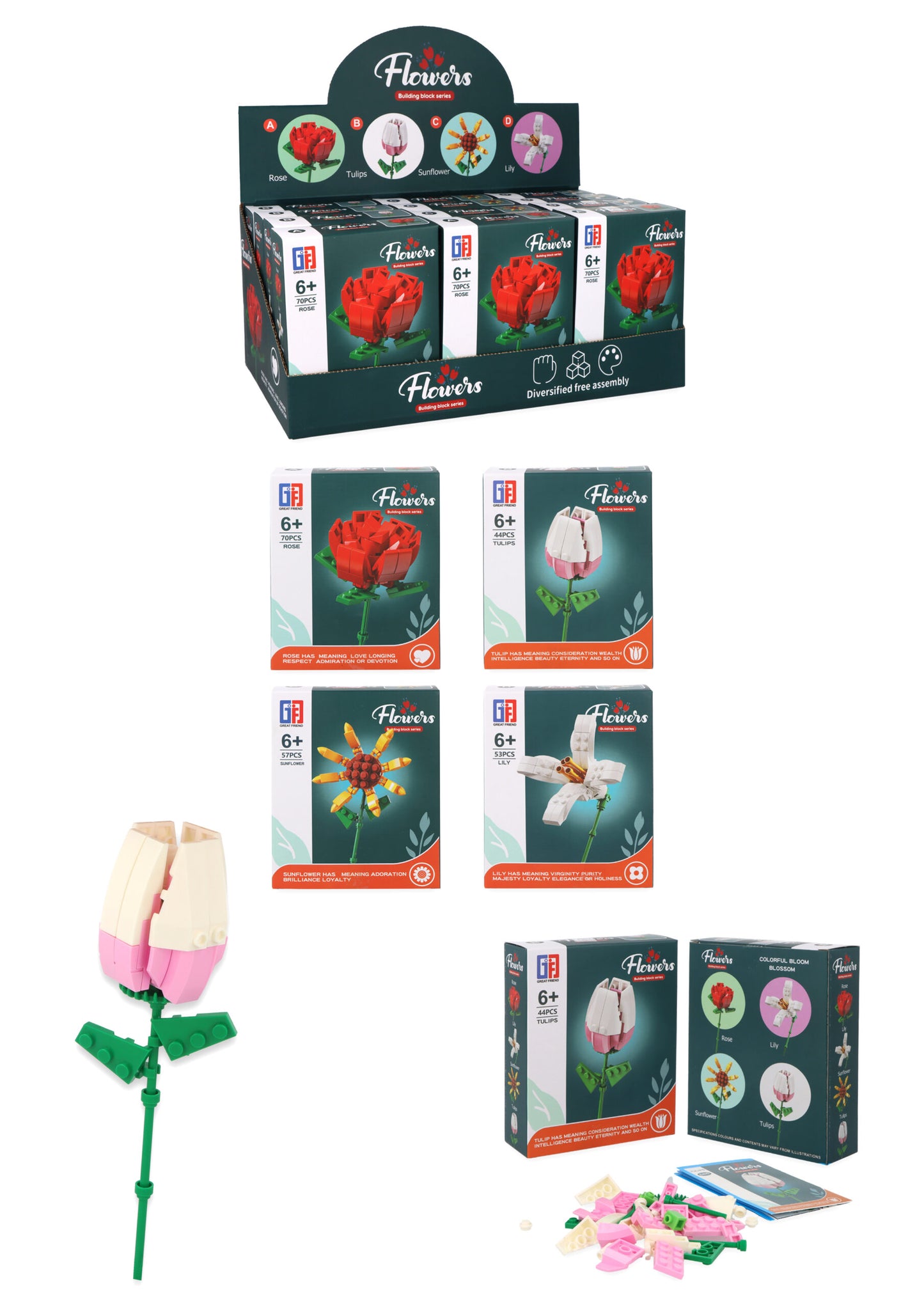 Single Flower Lego Block Kit - Creative Construction Toys Party Favours Stocking Fillers