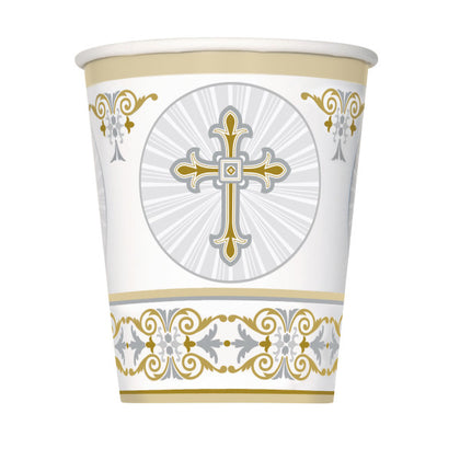 Pack of 8 Gold & Silver Radiant Cross 9oz Paper Cups