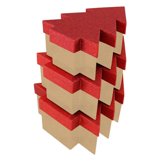Pack of 3 Assorted Sizes Christmas Tree Shaped Box with Red Gliter Lid