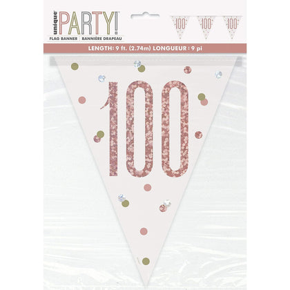 9ft Birthday Rose Gold Glitz Number 100 Prism Pennant Banner