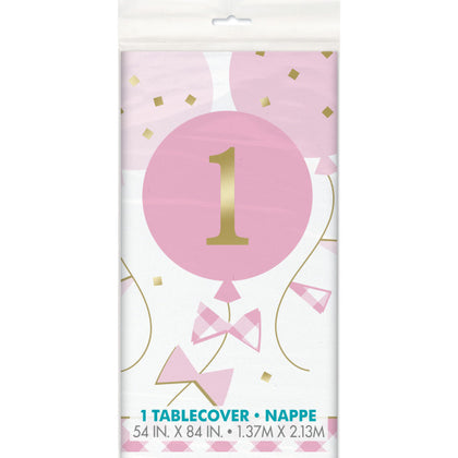 Pink Gingham 1st Birthday Rectangular Plastic Table Cover, 54