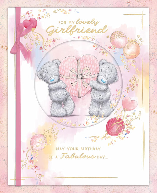 Bears Hold A Pink Wrapped Heart Boxed Handmade Girlfriend Birthday Card