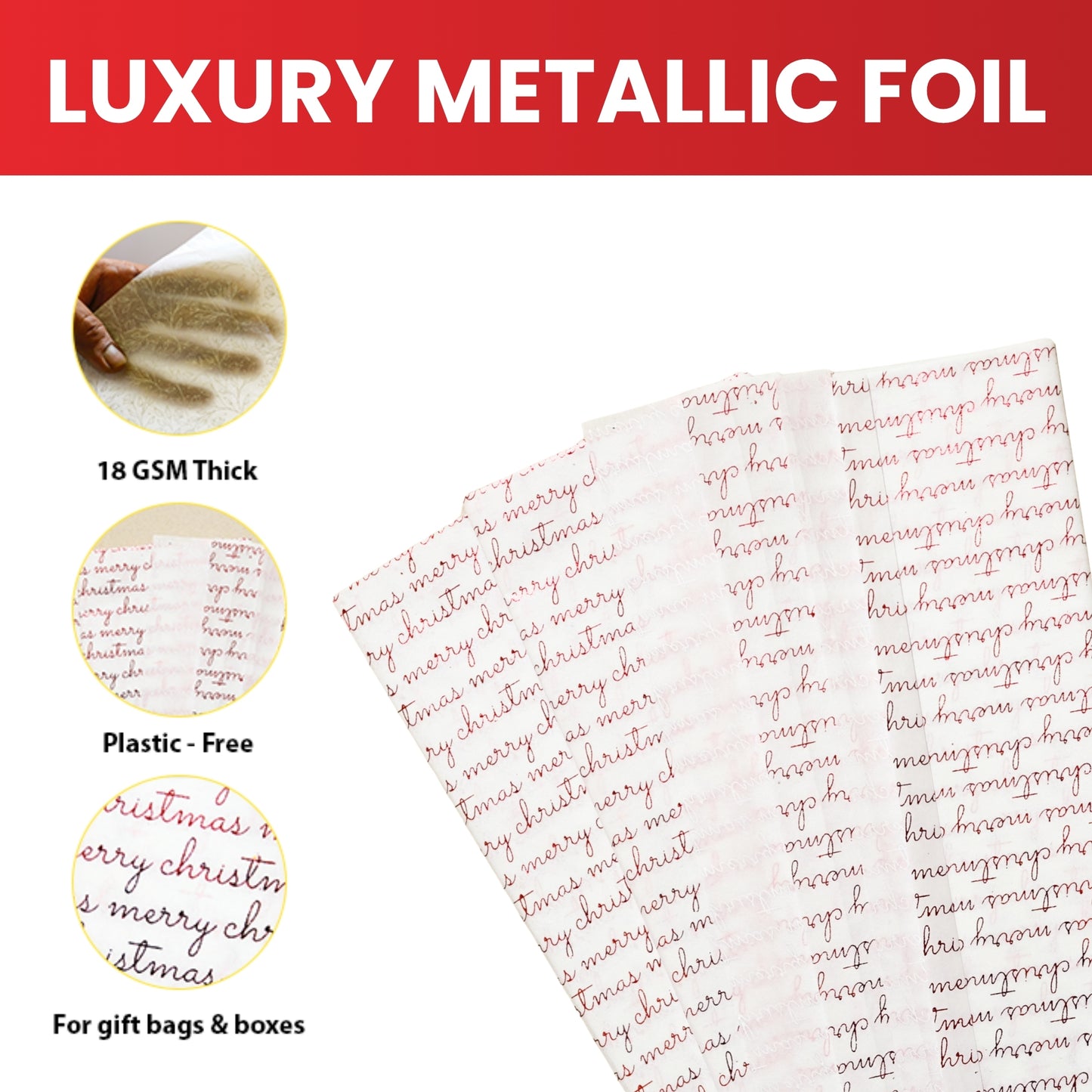 3 x Pack of 10 Merry Christmas Luxury Red Metallic Plastic-Free 18gsm Tissue Paper Sheets 50x70cm - Patterned Tissue Paper for Xmas, New Year, Party, Wedding, Birthday Packing Present Gift Box DIY Art Crafts