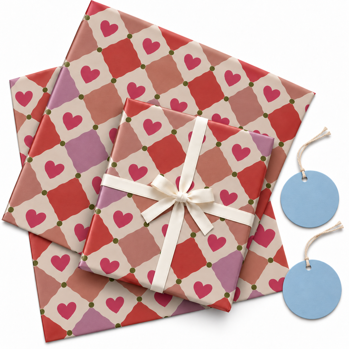 Pack of 2 Love Diamonds Design 50 x 70 cm Gift Wrap Sheets with 2 Tags - Valentine’s Day Christmas Romantic Occasions Birthdays