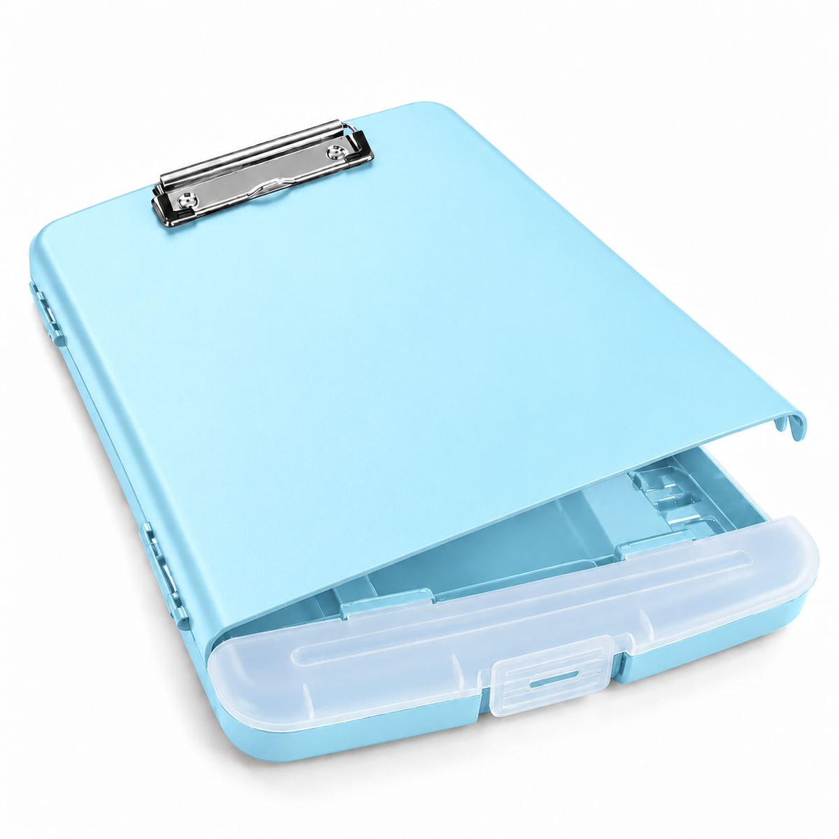 Pack of 6 A4 Light Blue Plastic Clipboard Box Files With Pencil Holder - Storage Filing Case