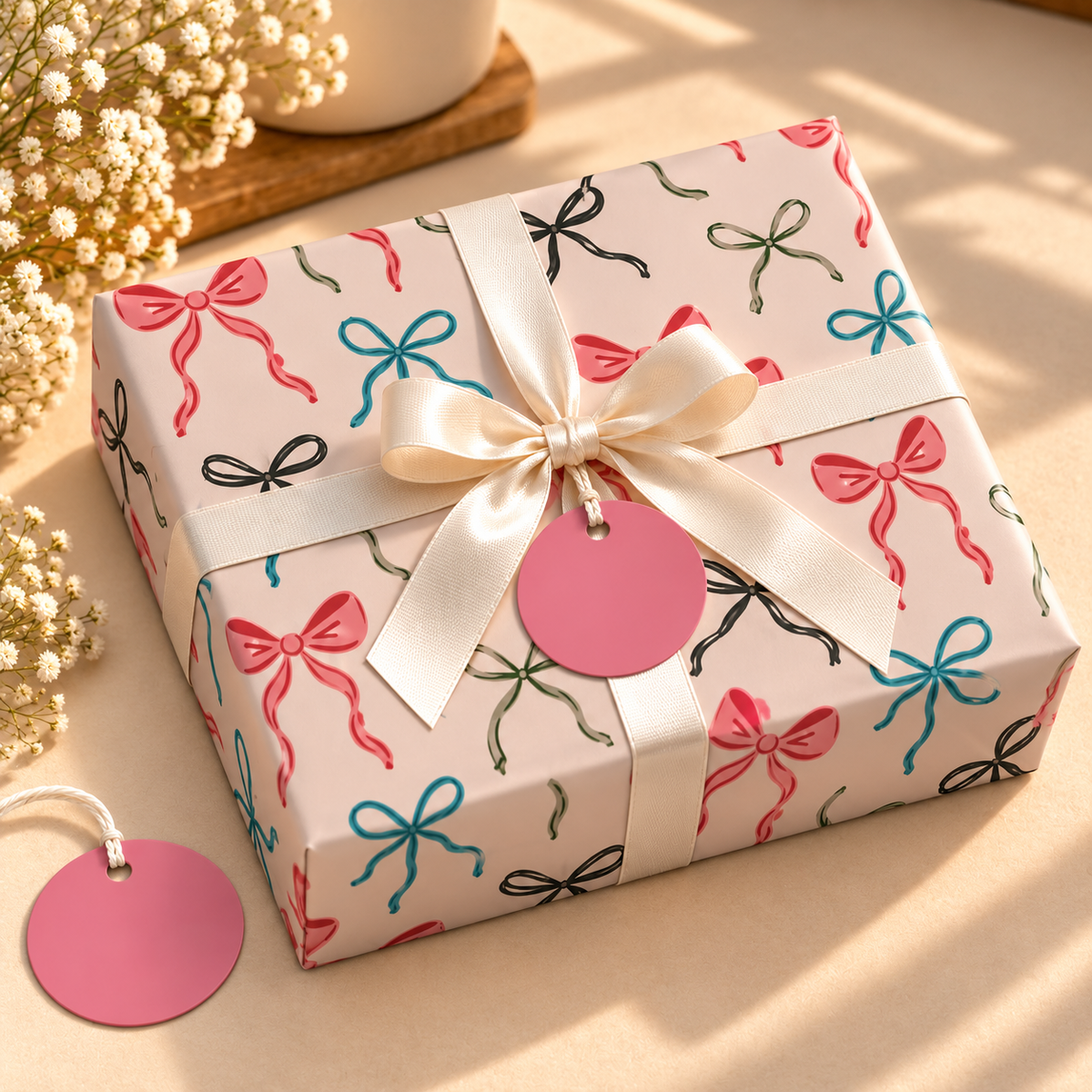 Pack of 2 Bow Pattern Design 50 x 70 cm Gift Wrap Sheets with 2 Tags - Christmas Birthdays Parties Holiday Gifting