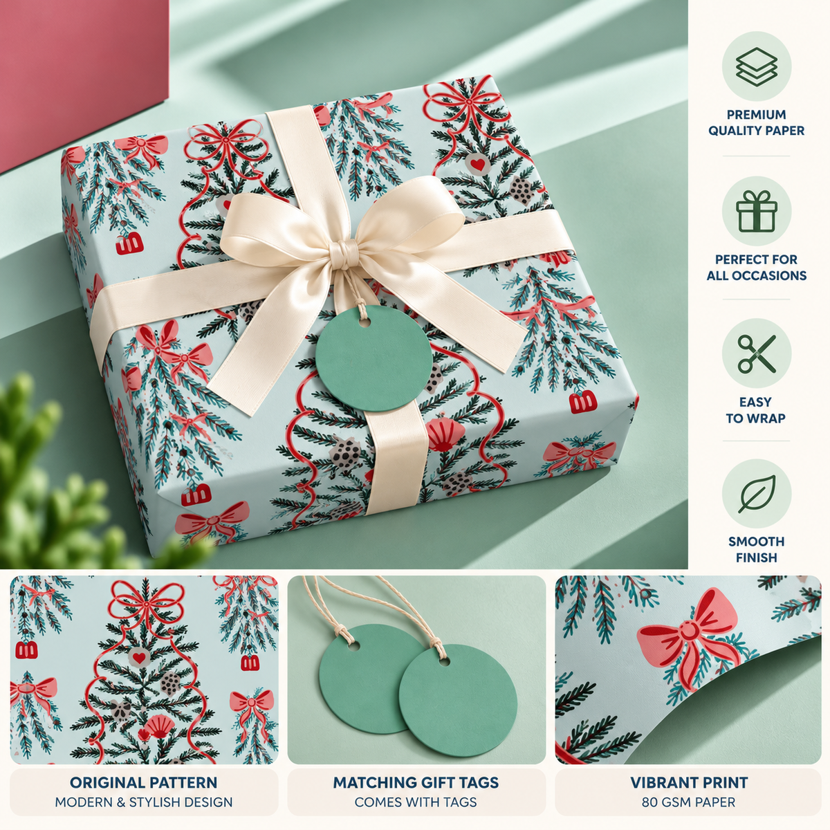 Pack of 2 Festive Tree Charm Design 50 x 70 cm Gift Wrap Sheets with 2 Tags - Christmas Seasonal Celebrations Winter Parties