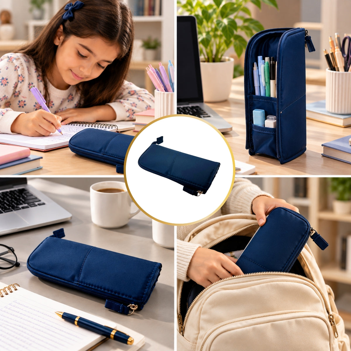 Blue Standing Zip Pencil Case 19.5 x 5 x 9cm