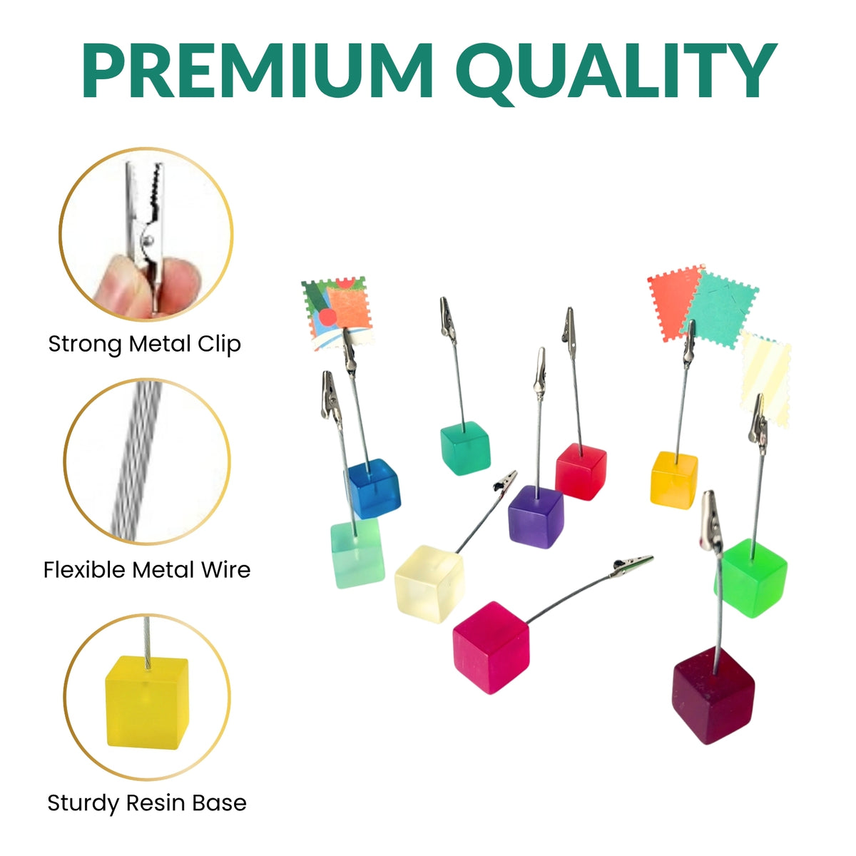 Pack of 6 Photo Holder Clips with Square Translucent Coloured Resin Base
