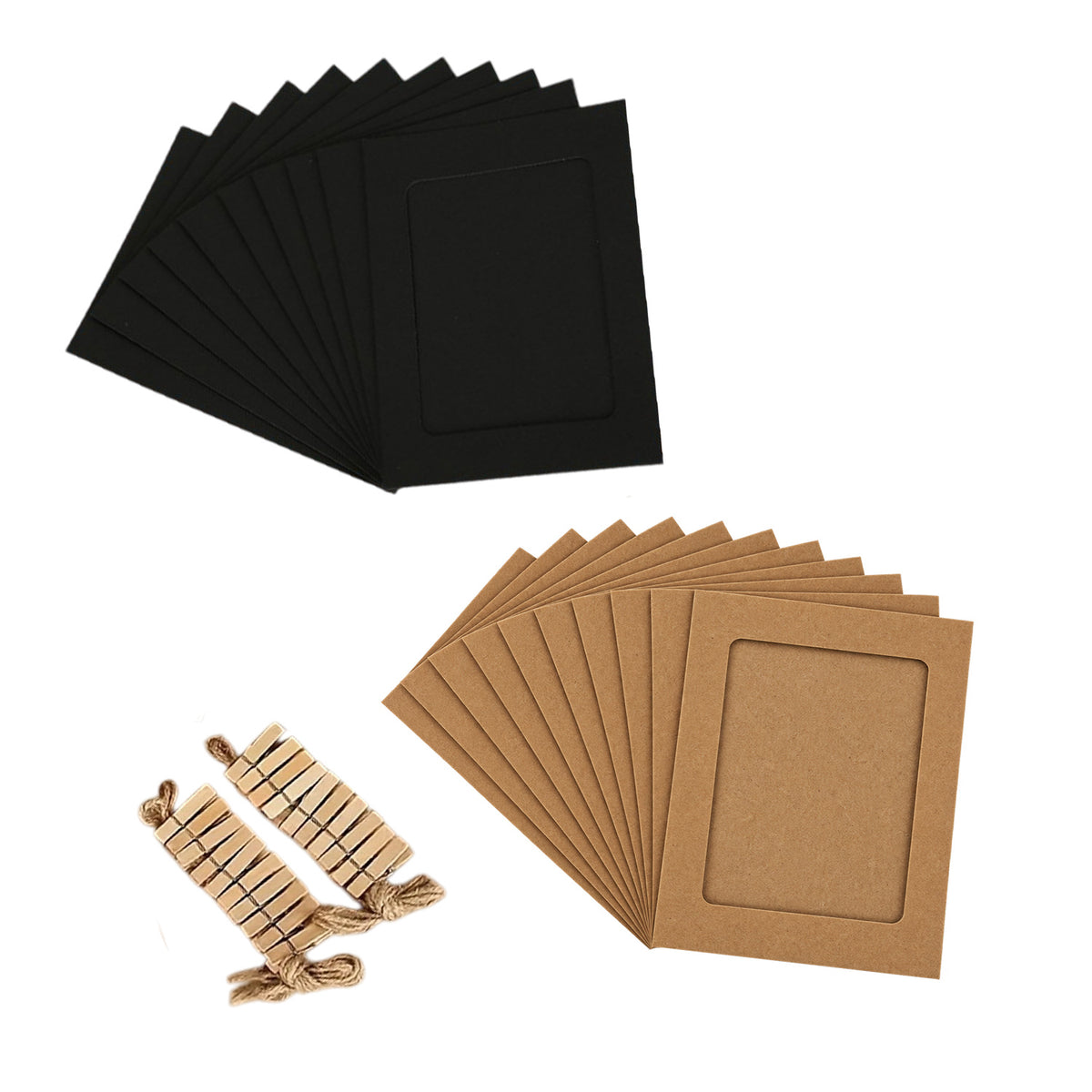 Black & Kraft Photo Frame Banner Set with Wooden Pegs and Hemp Twine