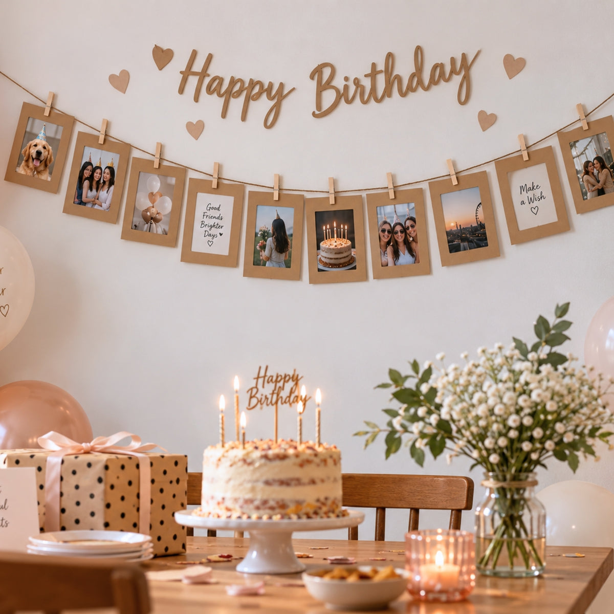 6 x Black Photo Frame Banner Set with Wooden Pegs and Hemp Twine