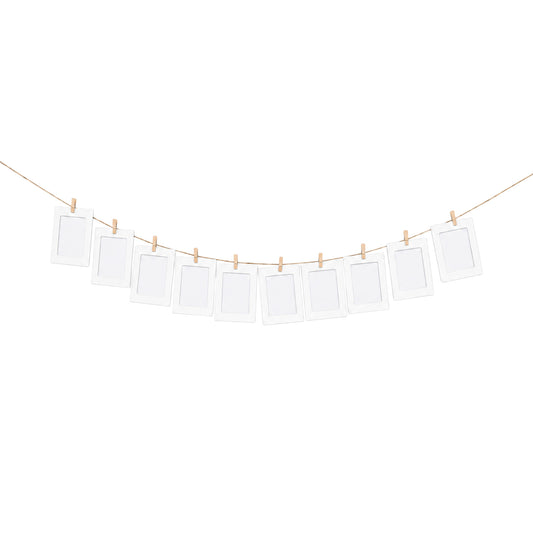 White Photo Frame Banner Set with Wooden Pegs and Hemp Twine