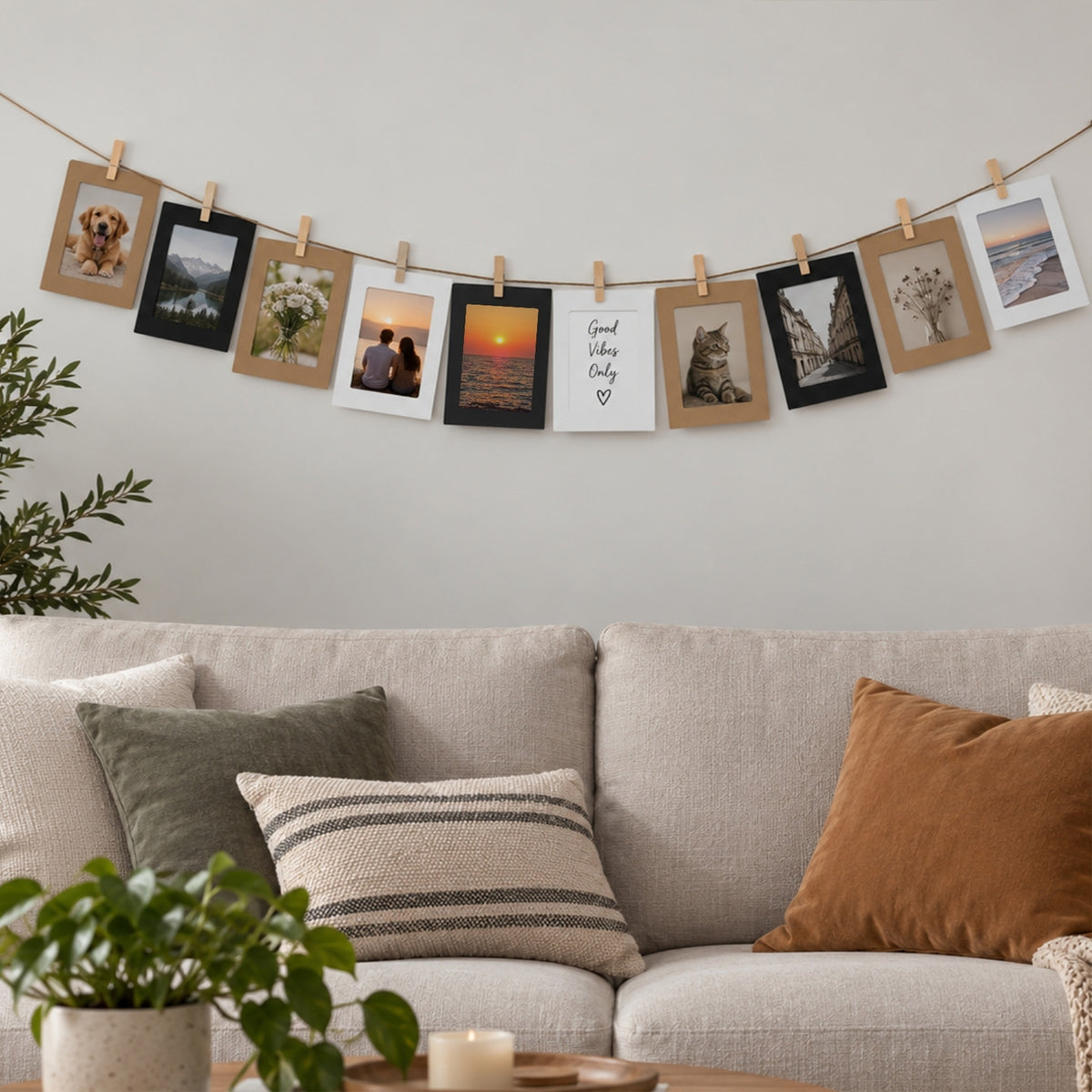 Black Photo Frame Banner Set with Wooden Pegs and Hemp Twine