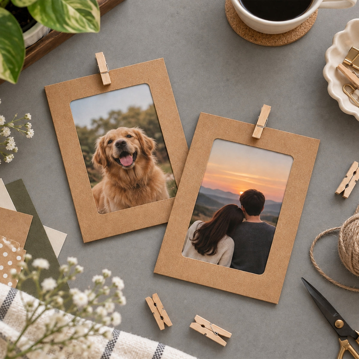 Black & Kraft Photo Frame Banner Set with Wooden Pegs and Hemp Twine