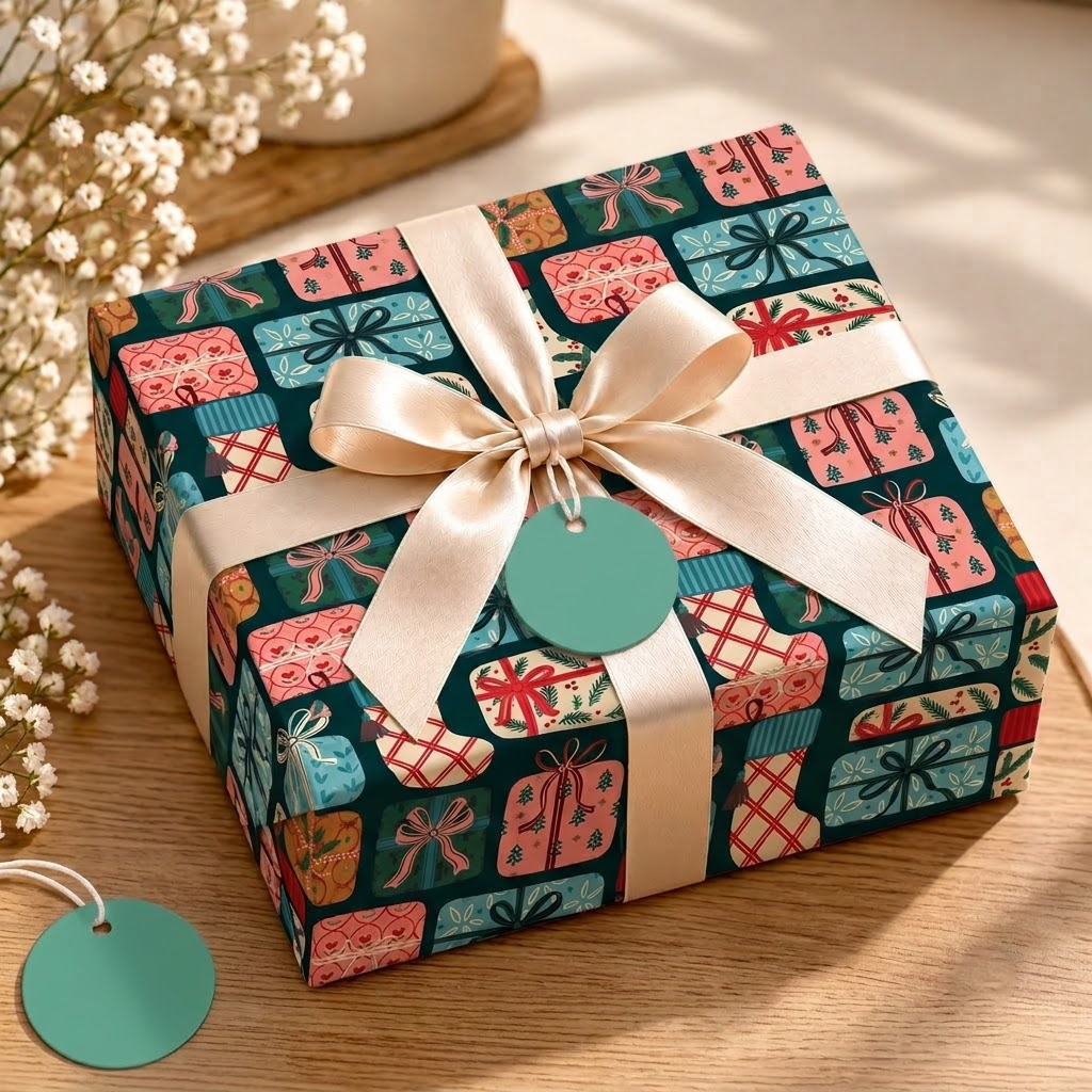 Pack of 2 Present Pattern Design 50 x 70 cm Gift Wrap Sheets with 2 Tags - Christmas Birthdays Kids Party Holiday Gifting