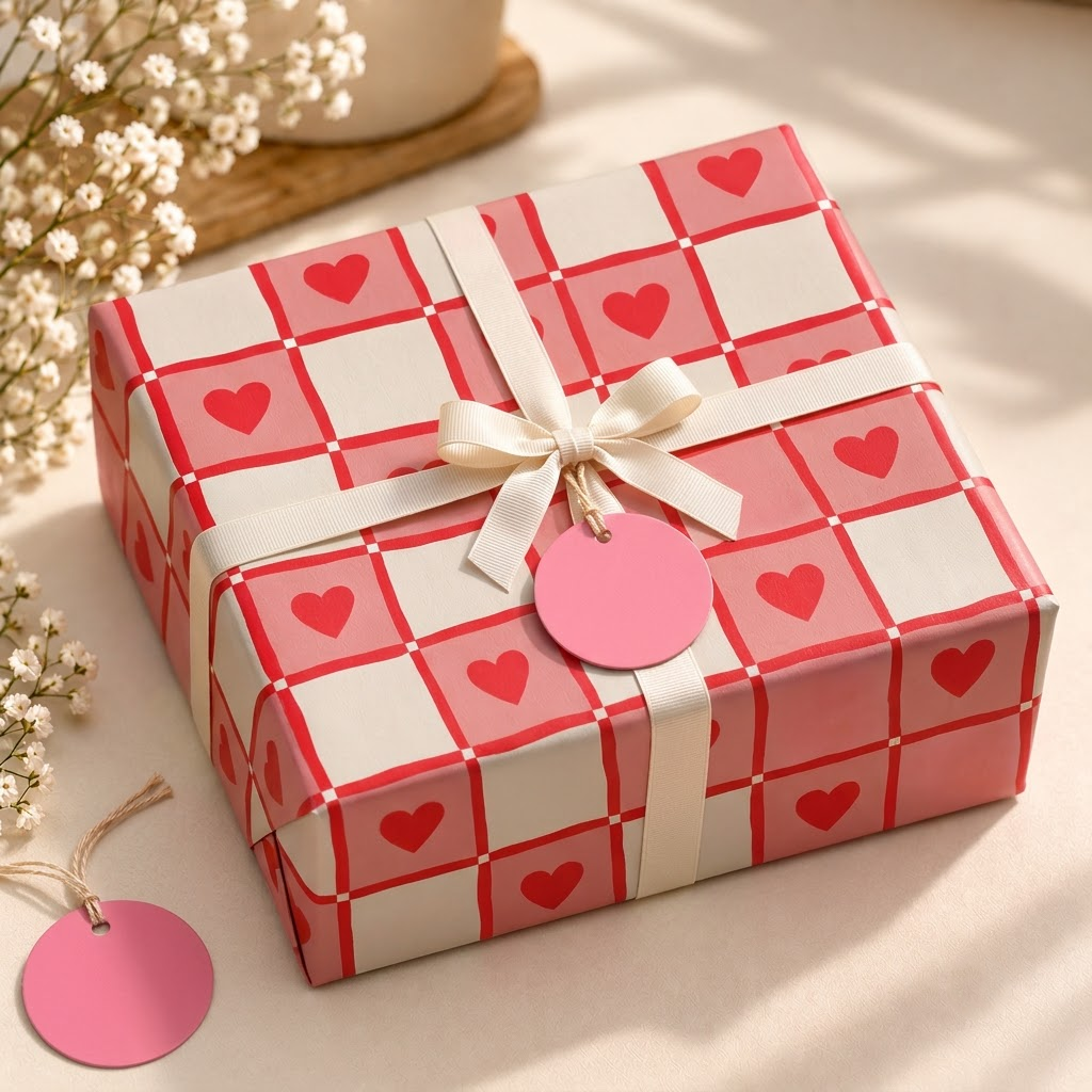 Pack of 2 Heart Squares Design 50 x 70 cm Gift Wrap Sheets with 2 Tags - Valentine’s Mother's Day Birthdays Everyday Celebrations