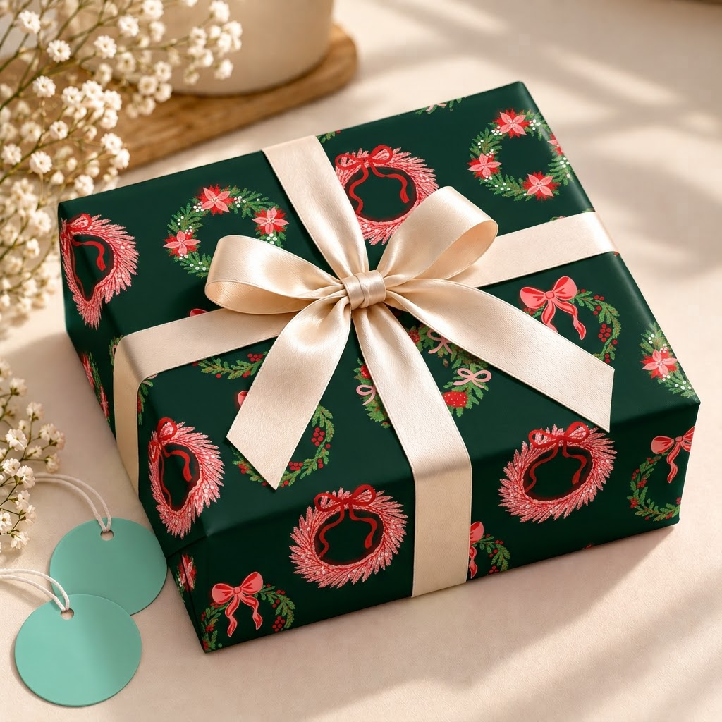 Pack of 2 Winterberry Wreath Design 50 x 70 cm Gift Wrap Sheets with 2 Tags - Christmas Seasonal Celebrations Winter Parties