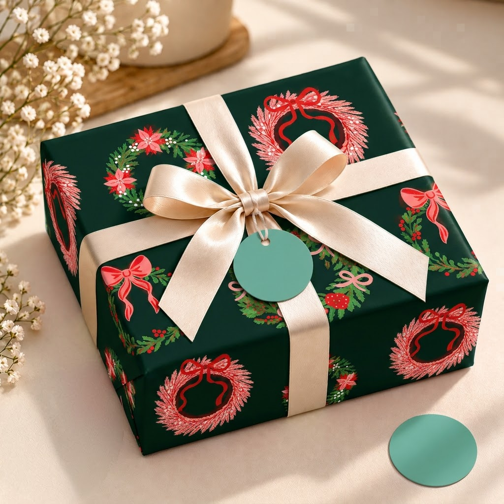 Pack of 2 Winterberry Wreath Design 50 x 70 cm Gift Wrap Sheets with 2 Tags - Christmas Seasonal Celebrations Winter Parties