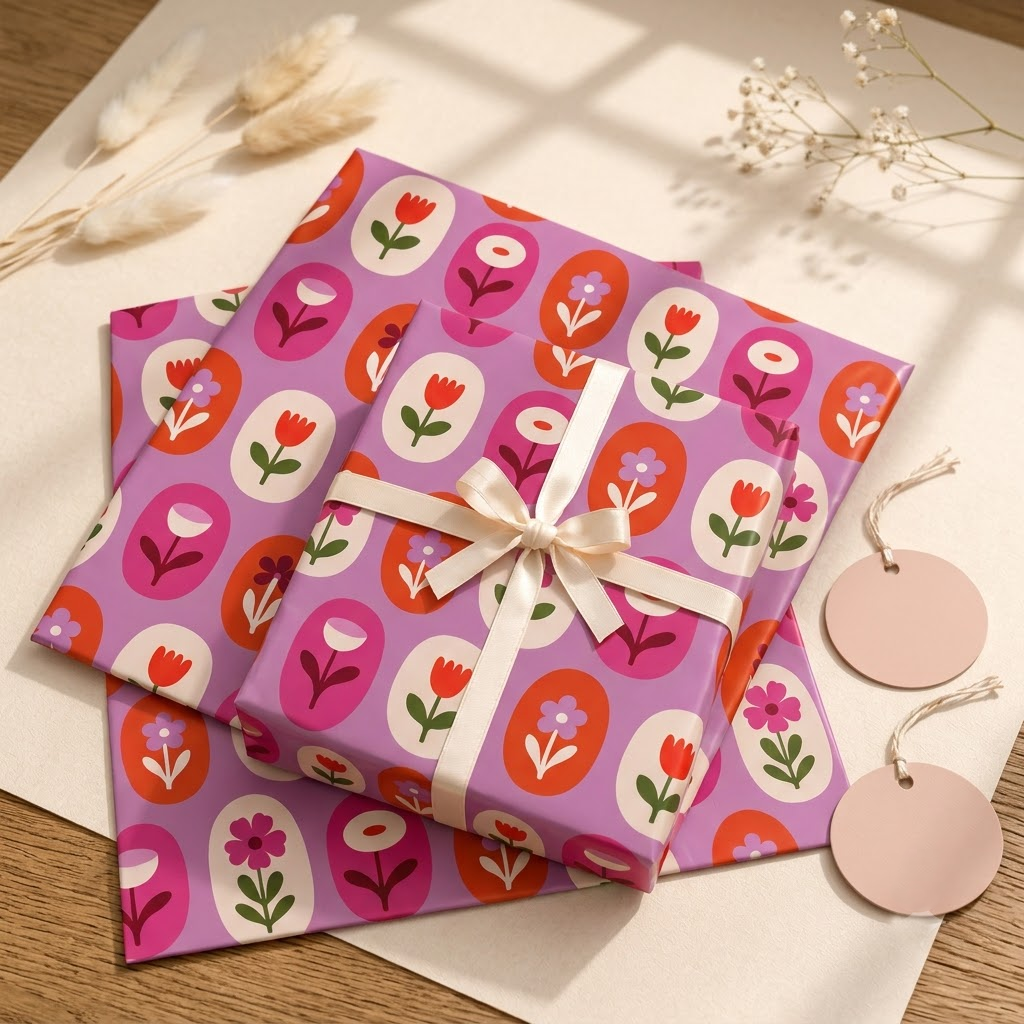 Pack of 2 Spring Tulips Design 50 x 70 cm Gift Wrap Sheets with 2 Tags - Valentine’s Mother's Day Birthdays Everyday Celebrations
