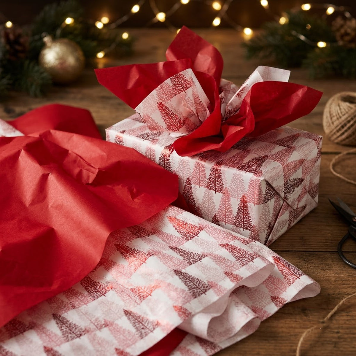 Pack of 8 Christmas Line Art Luxury Red Foil Design & Plain Red 50 x 70 cm Tissue Sheets - Christmas Valentine's Wedding Birthday