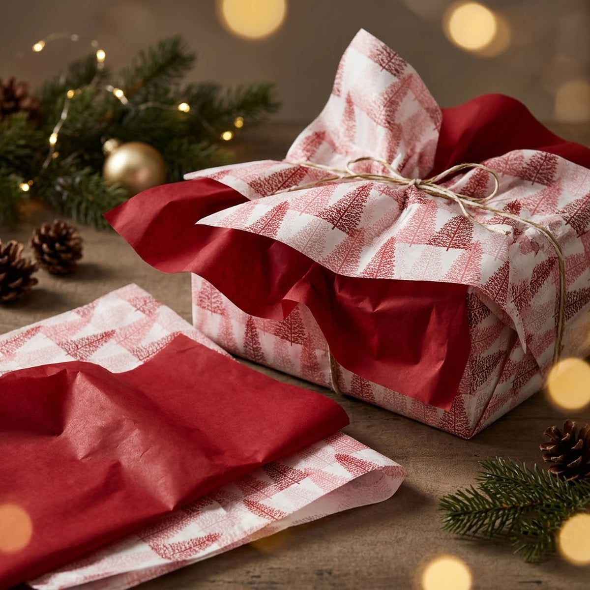 Pack of 8 Christmas Line Art Luxury Red Foil Design & Plain Red 50 x 70 cm Tissue Sheets - Christmas Valentine's Wedding Birthday
