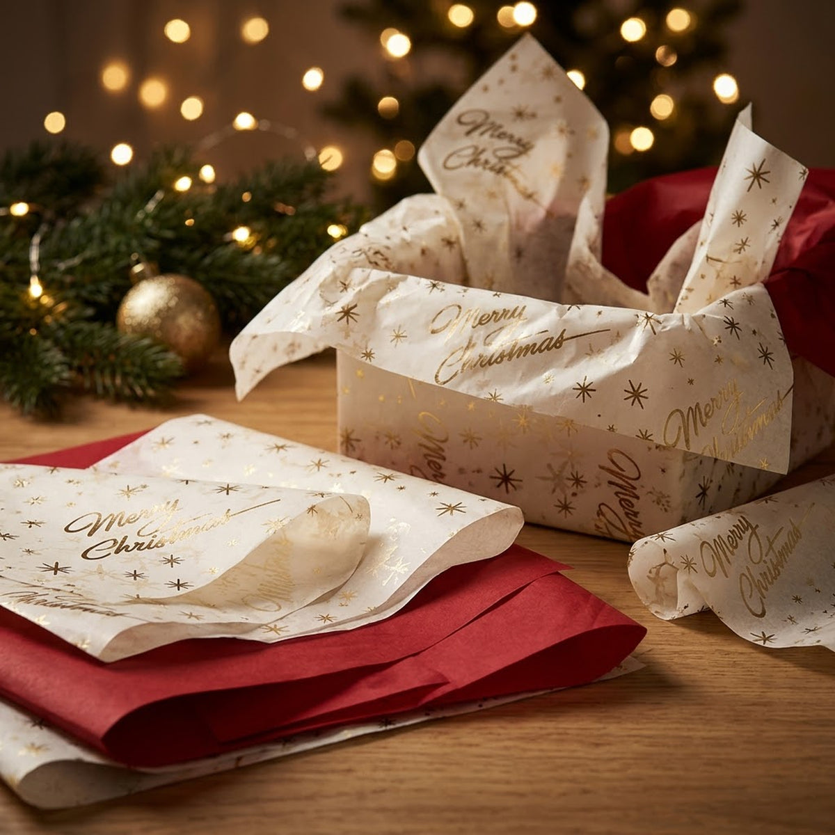 Pack of 8 Merry Christmas Luxury Gold Foil Design & Plain Red 50 x 70 cm Tissue Sheets