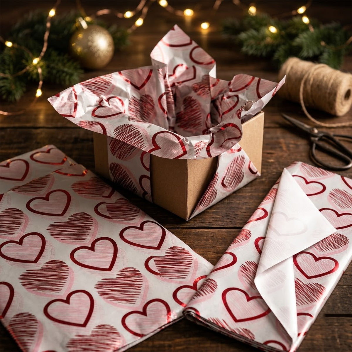 Pack of 5 Heart Medley Design 50 x 70 cm Luxury Red Foil Tissue Sheets - Valentines, Anniversary, Wedding