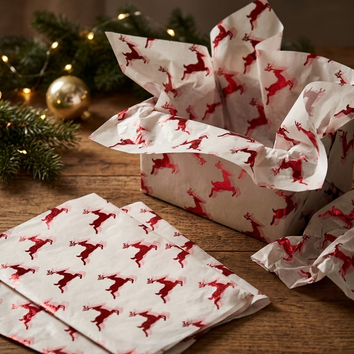 Pack of 5 Christmas Flying Reindeer Design 50 x 70 cm Luxury Red Foil Tissue Sheets