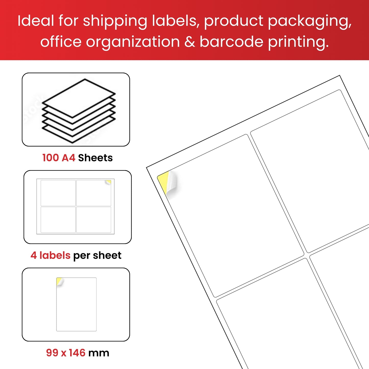 Pack of 400 White 99x146mm Self Adhesive Labels (4 Labels per A4 Sheet)